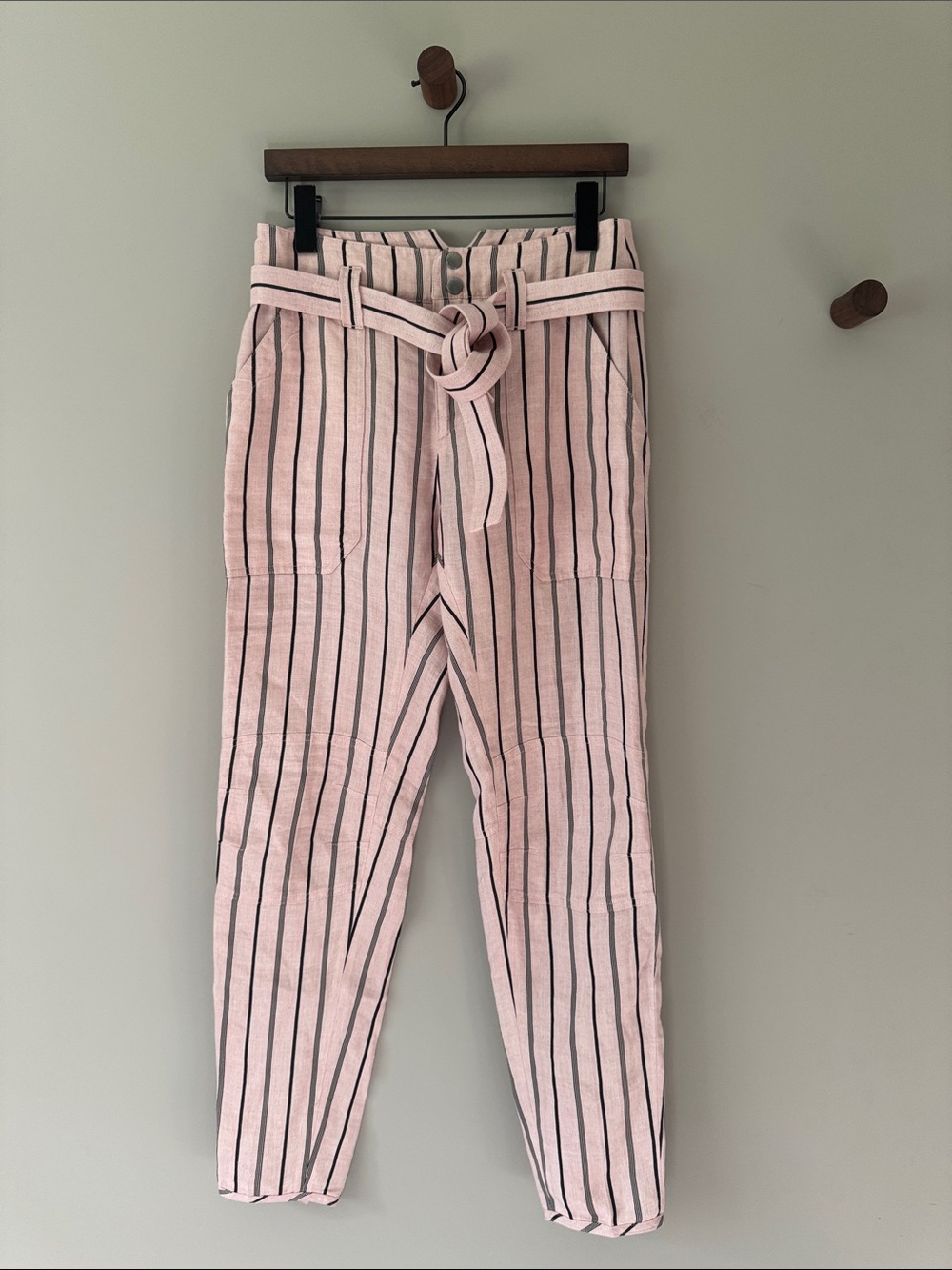 RAG & BONE CLAUDIA LINEN STRIPED PANT WITH TIE BELT PINK SIZE 0 FIT LIKE 26